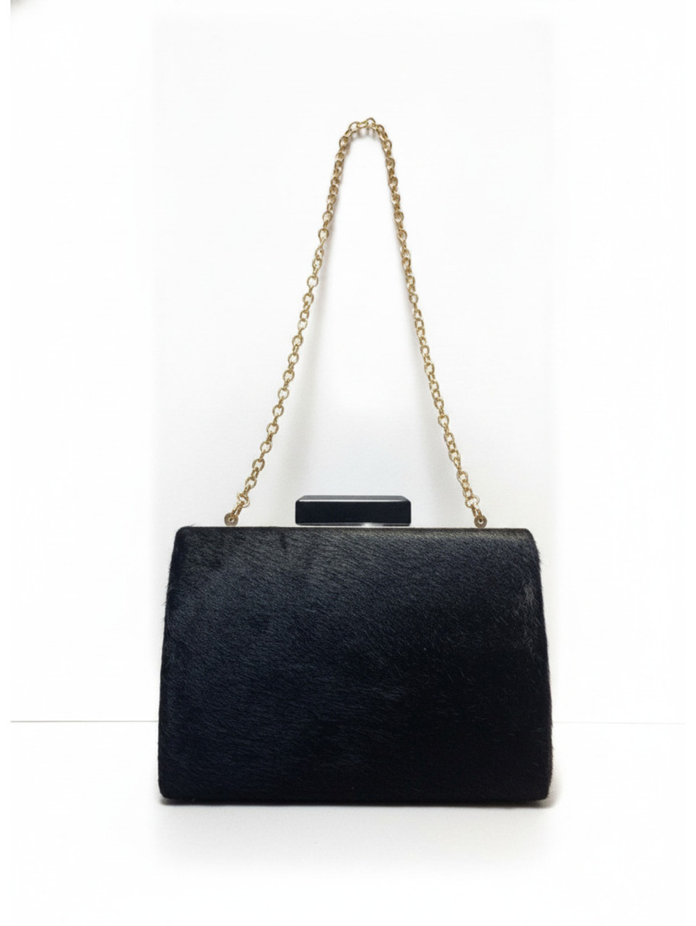 Sondra Roberts Black Faux Fur Evening Clutch with Gold Chain